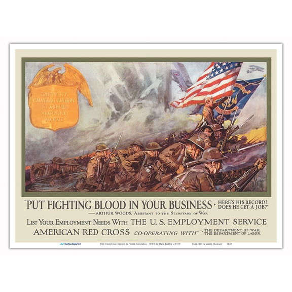 Put Fighting Blood in Your Business - WWI U.S. Marines Battle in France - Vintage War Poster by Dan Smith c.1919 - Master Art Print (Unframed) 9in x 12in