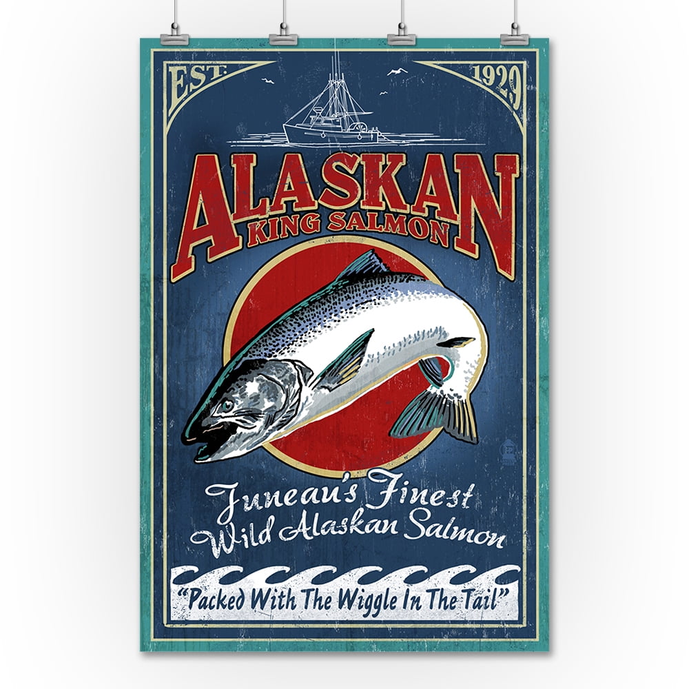 Juneau, Alaska Salmon Vintage Sign Lantern Press Poster (36x54