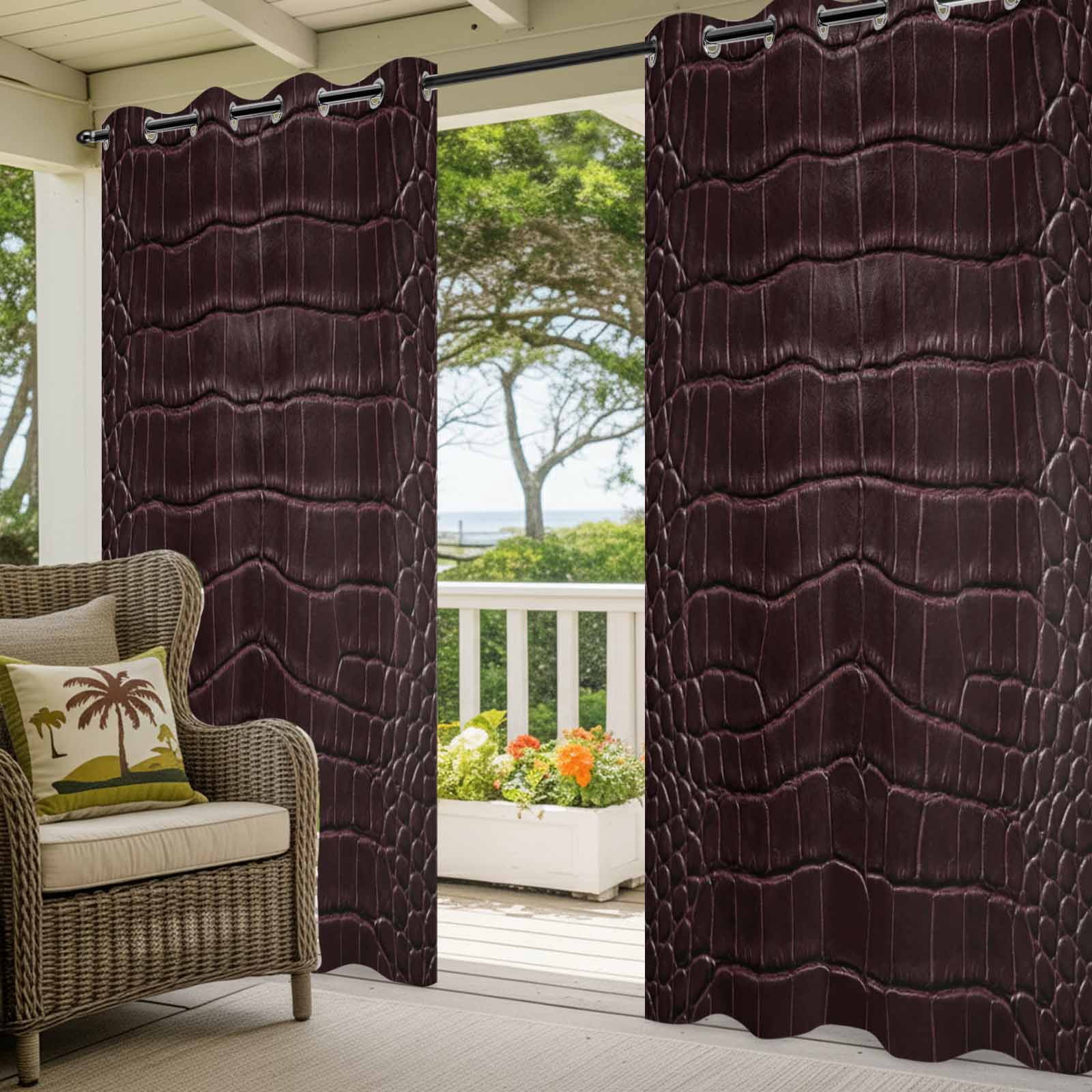 Crocodile Leather Texture Outdoor Curtains for Patio, Luxury Brown Sunshade Privacy Drapes Grommet Waterproof Outside Curtains for Porch/Cabana/Balcony 54"x 108", 1 Panel