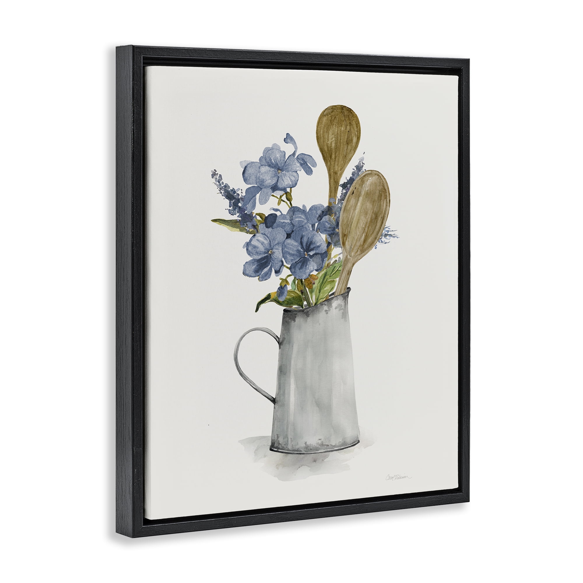 Stupell Industries Kitchen Spoons & Blue Blooms Black Framed Floater Canvas Wall Art, design by Carol Robinson