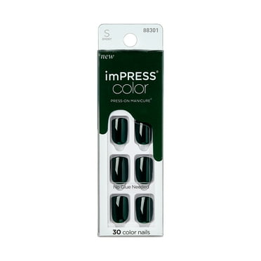 KISS imPRESS No Glue Needed Press On Nails, Color, Emeralds, Green, Short Squoval, 30 Count