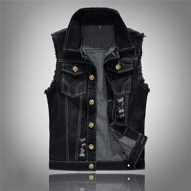Ceisia Gilet Sans Manches en Denim Usé pour Homme, Coupe Régulière, Col Rabattu, Boutonnage Simple, Cadeau