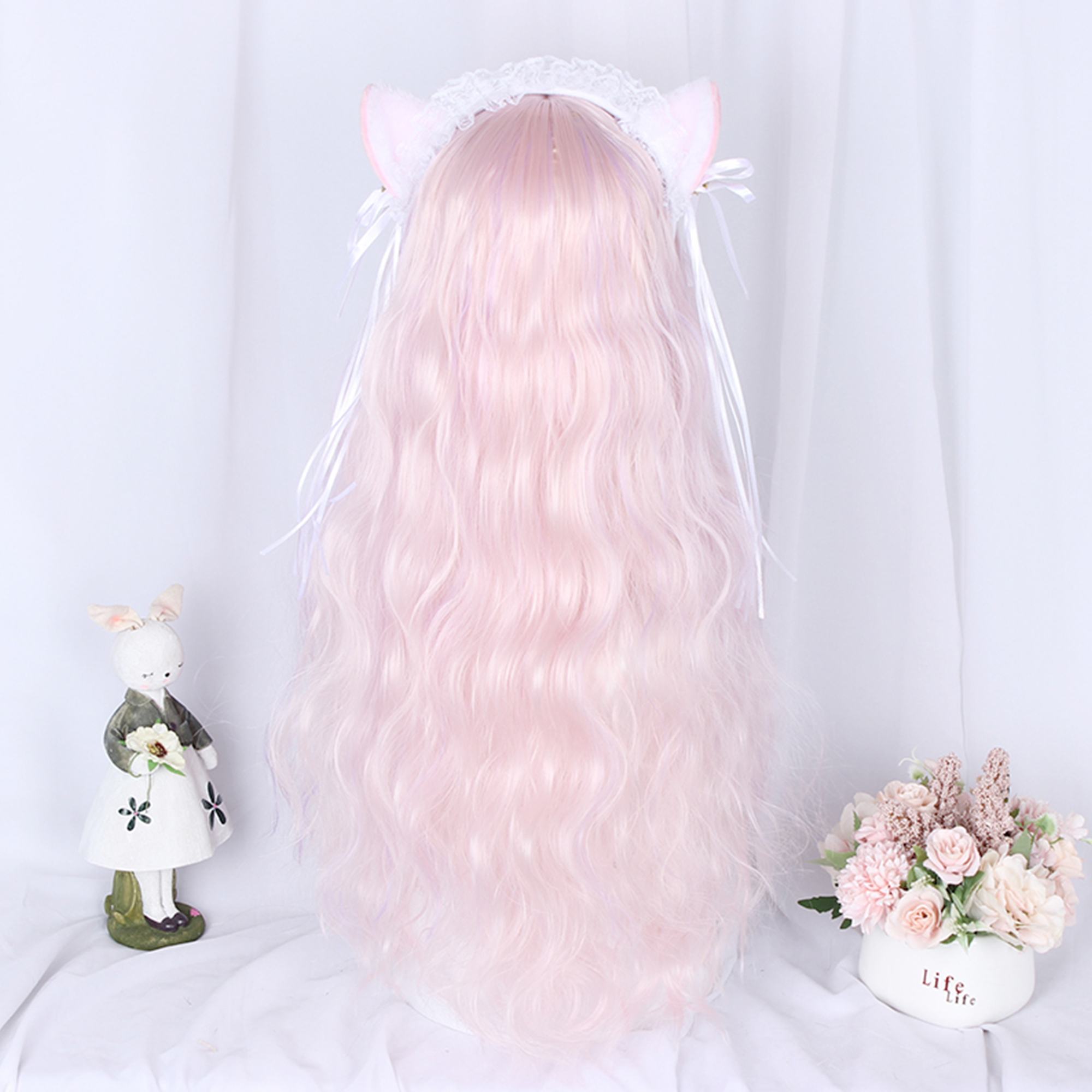 Unique Bargains Human Hair Wigs for Lady 26" Pink Curly Wig with Wig Cap 21.5"- 22.5"