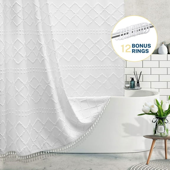 Siiluminisoy White Boho Shower Curtains With Tassels,Heavy-Duty Mold/Mildew-Resistant,Water-Repellent, Machine-Washable,Tufted Chevron Striped Textured Design,72 x 72