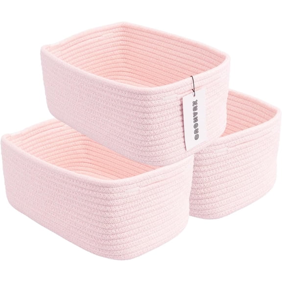 Small Woven Storage Baskets – Decorative Rope Bins for Organizing Shelves, Closets, and Toys, Cute Empty Gift Baskets for Home and Office (Pink, Set of 3)