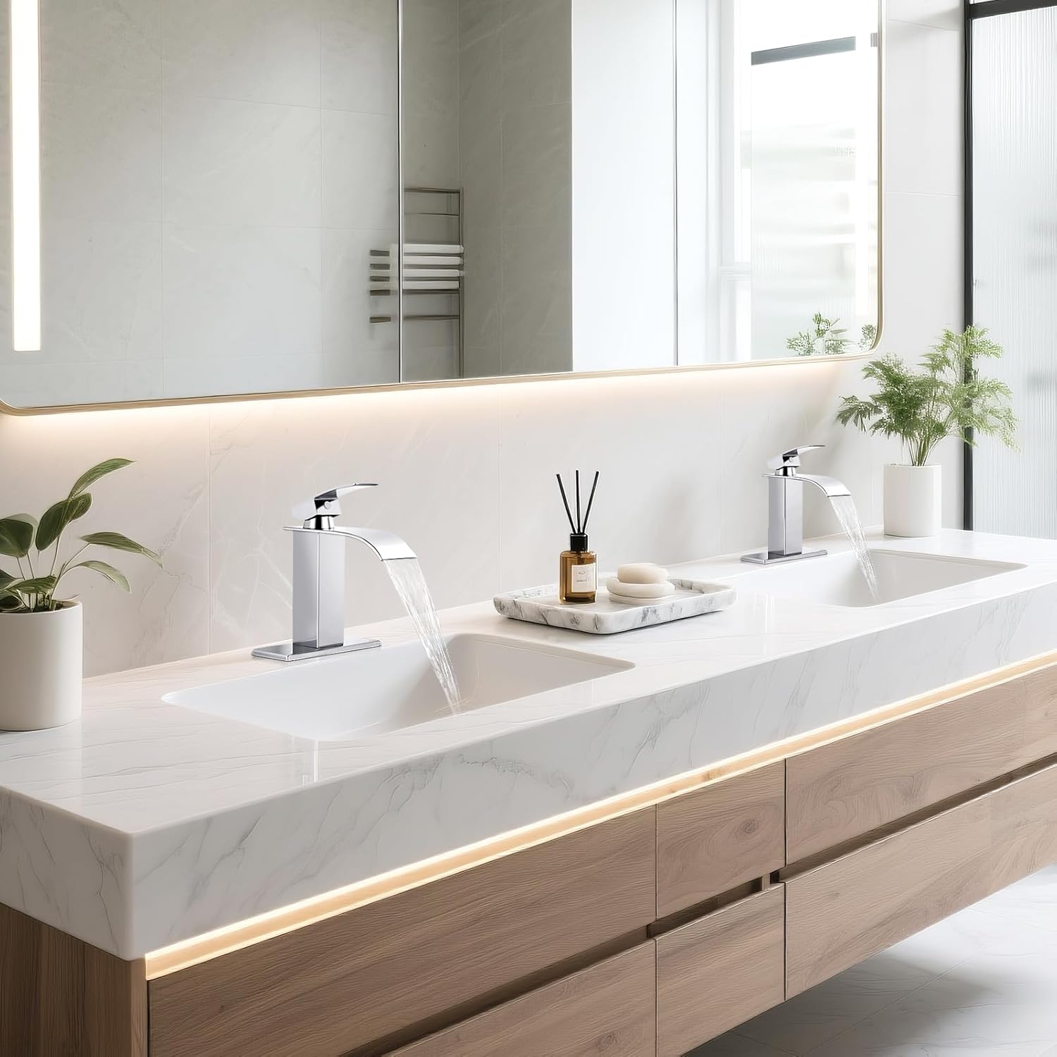 ORB Bathroom Faucets, Waterfall Bathroom Sink Faucet Modern Single Handle Bathroom Faucte 1 or 3 Hole, RV Mixer Tap Vanity Faucet - Includes Pop-up Drain Supply Hoses Deck Plate