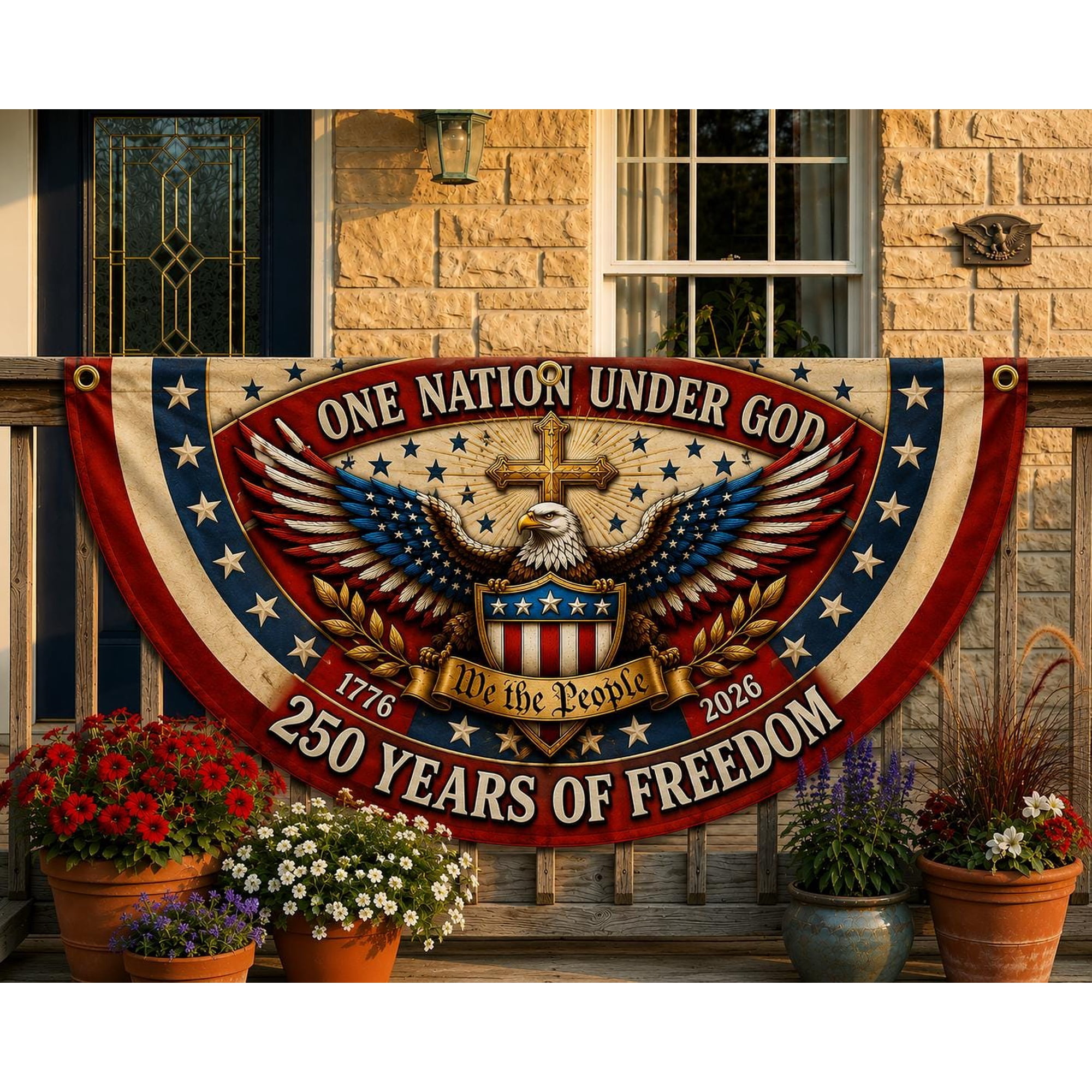 250 Years of Freedom Patriotic Fence Banner One Nation Under God Porch Bunting Flag USA 1776-2026 Christian Decor Eagle Cross Garden