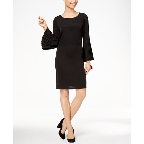 NY Collection Pleated Bell Sleeve Dress Black S
