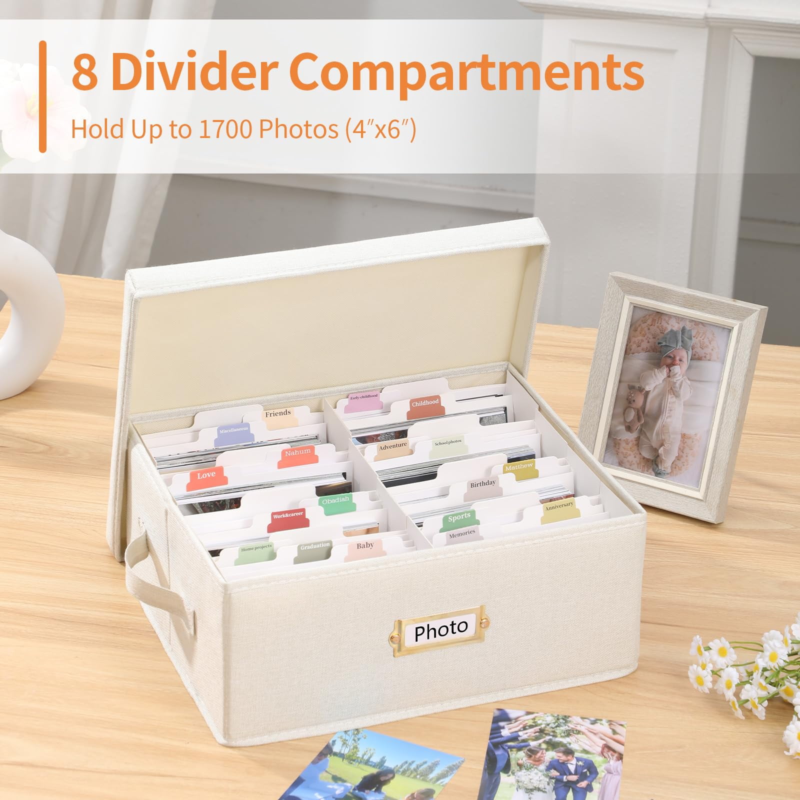 Aokeyee Photo Storage Box, Decorative Linen Photo Containers Organizer for 4x6, Memory Boxes Keepsakes with Lid, Fits Holds Up to 1700 Pictures 2PC