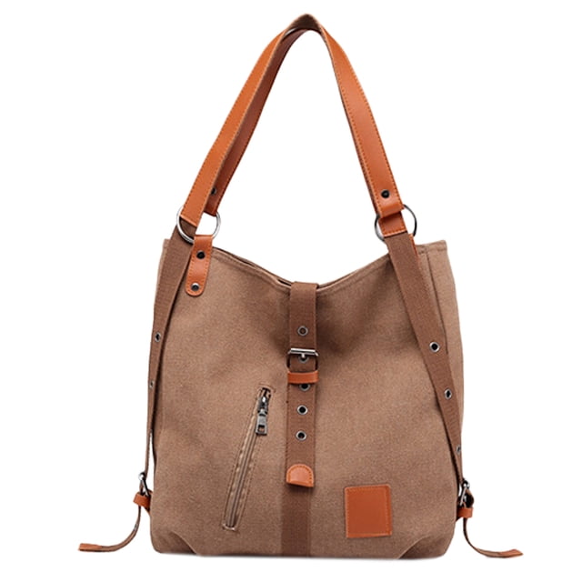 Bolso bandolera de lona, se puede llevar en dos hombros, espalda y diagonal. Marrón oscuro