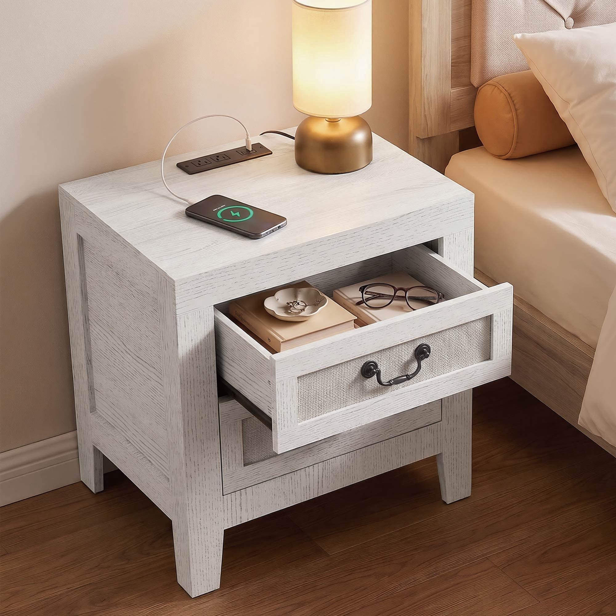 Spruce & Spring Modern Transitional Nightstands Set of 2, 2-Drawer End Tables with Charging Station, Fabric Drawer Front, Natural Wood Finish