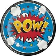 Party Central Club Pack of 96 Blue and Red Superhero Slogans Dessert Round Plates 6.75"