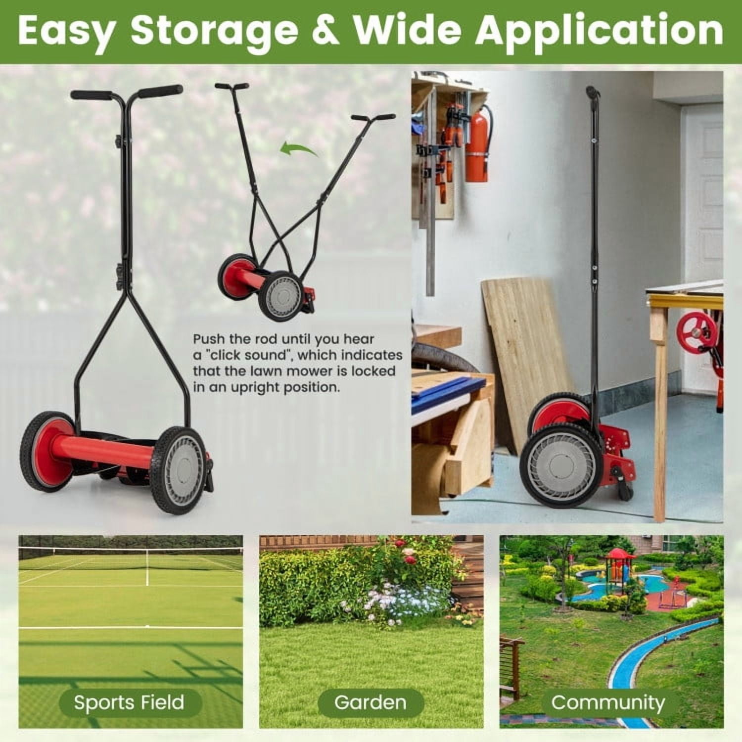 YYAo 14 Inch Push Lawn Mower with 5 Steel Blades and Grass Catcher Bag-Red