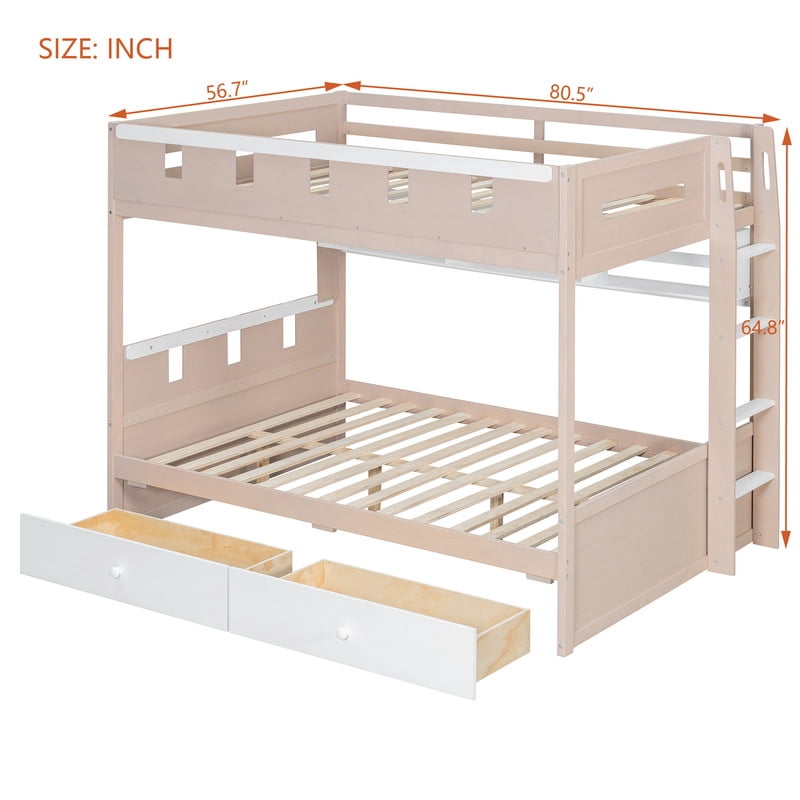 Full Size Castle-Designed Kids's Bunk Bed with Built-in Ladder & LED Strip, Storage Wooden Bed Frame with 2 Drawers & Shelves