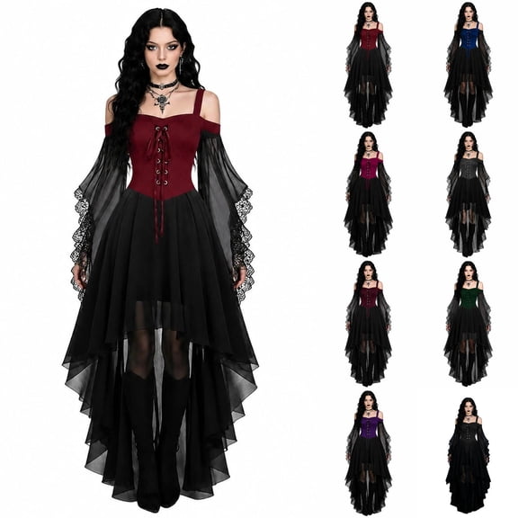 Womens Gothic Dresses Halloween Witch Costume, Butterfly Sleeve Long Dress Vintage Renaissance Medieval Vampire Butterfly Sleeve Mesh Outfits