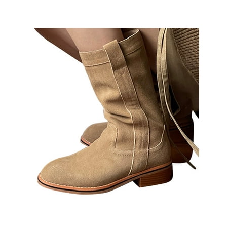 

SIMANLAN Ladies Wear Resistant Winter Shoes Lightweight Mid Heel Mid-Calf Boot Casual Non-slip Block Boots Khaki 5.5