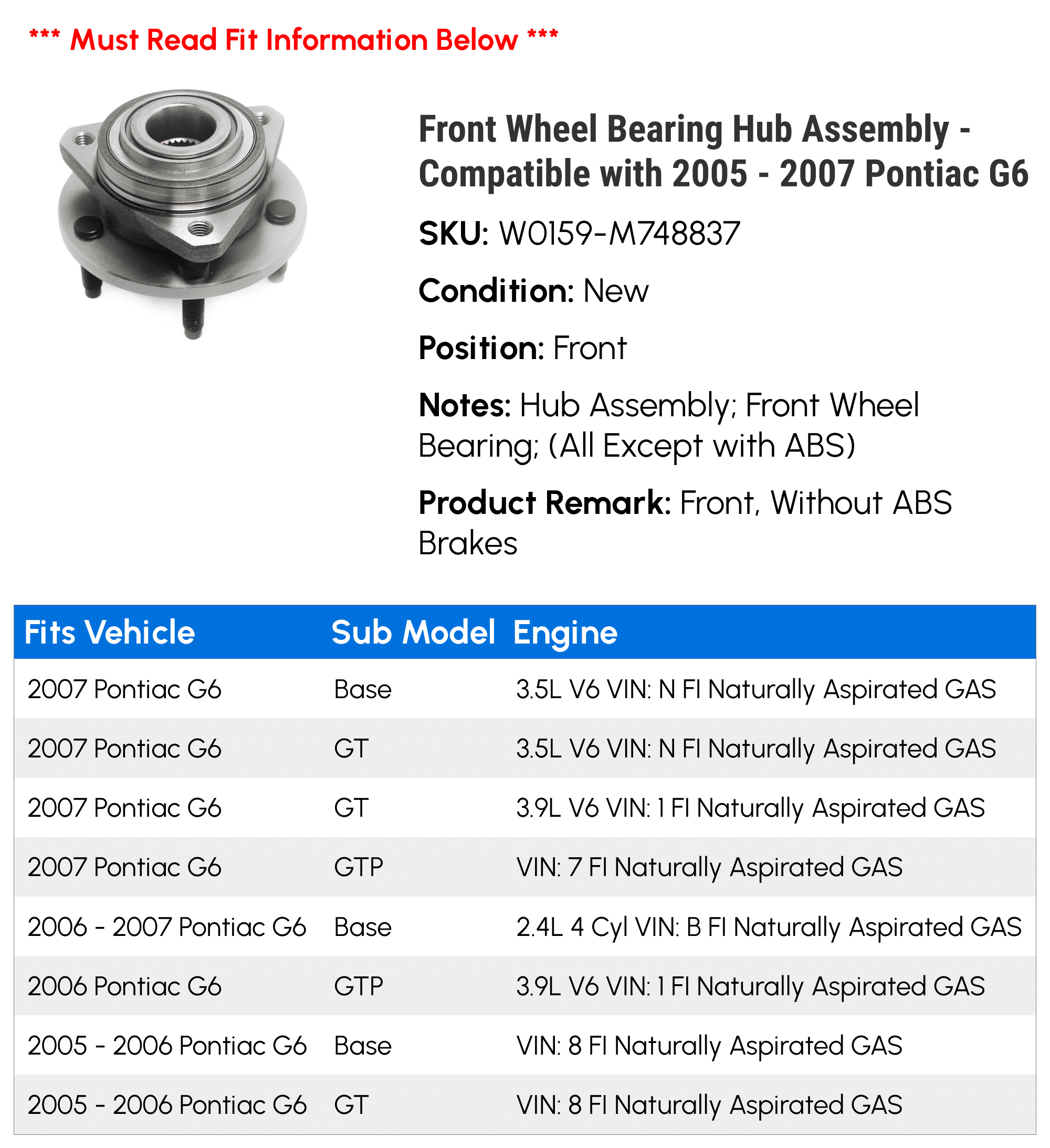 EMOTOR Front Wheel Hub Bearing Assembly – For 05-09 Pontiac G6, G6 GT, G6 GTP – Left Or Right