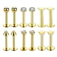 thumbnail image 1 of Paquete de 12 piercings para labio de acero inoxidable de 16 g, piercings para la nariz con circonita cúbica. 金色 套装, 1 of 6