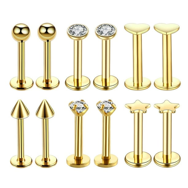 Piercing para labio, labio, acero inoxidable, 12 unidades, superficie brillante 金色 套装