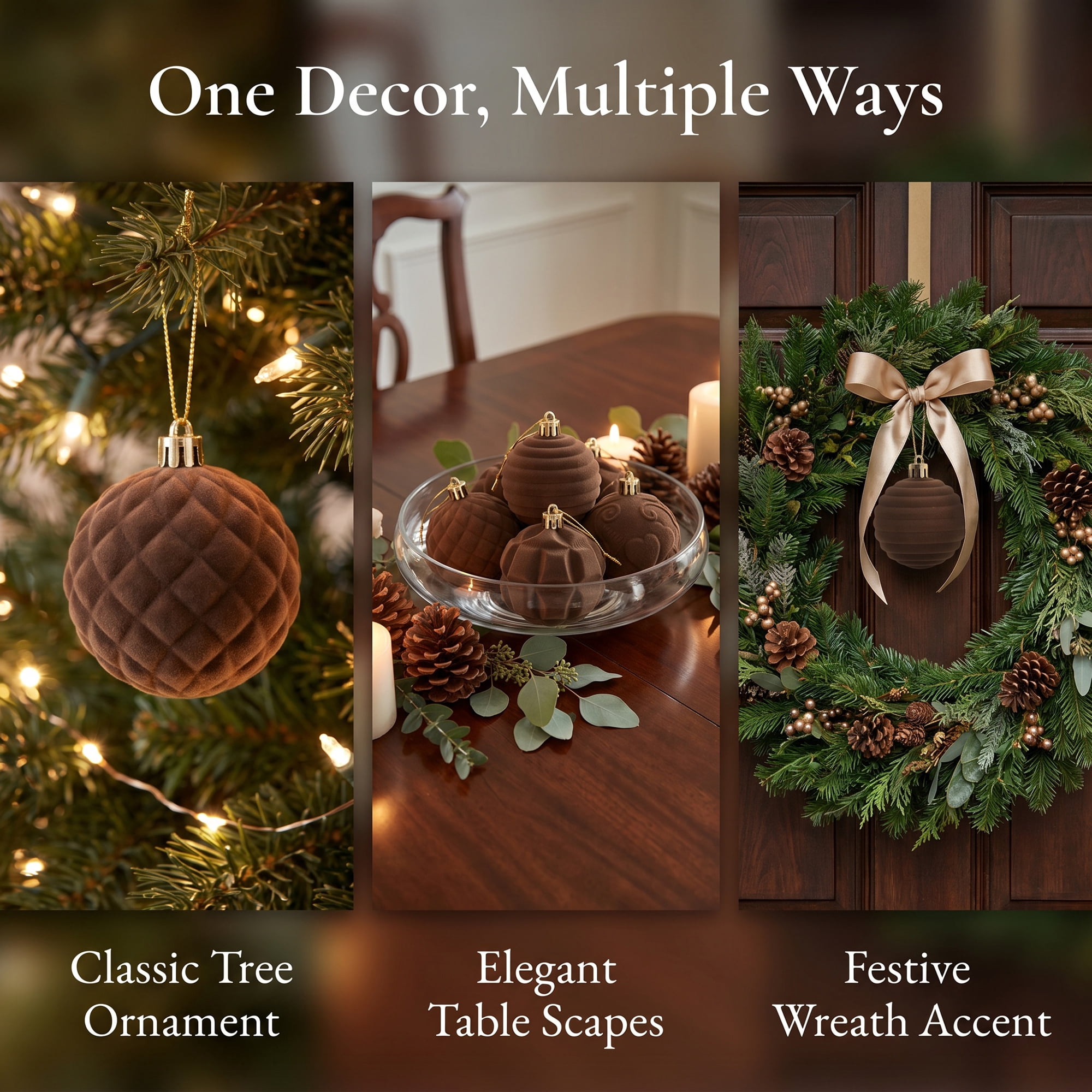 Unique Bargains Velvet Christmas 12 Pack Flocked Sphere Orbs Luxury Ornaments Coffee 2.4"