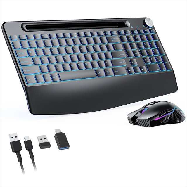 Teclado y Ratón Inalámbricos Ergonómicos Recargables de 2,4 G para Portátil con Retroiluminación RGB y Control Deslizante.