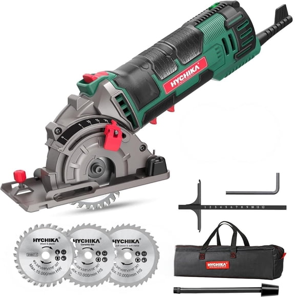 HYCHIKA Mini Circular Saw, Compact with 3 Blades 4A Pure Copper Motor, Scale Ruler, 3-3/8”4500RPM Ideal for Wood, Soft Metal and Plastic Cuts