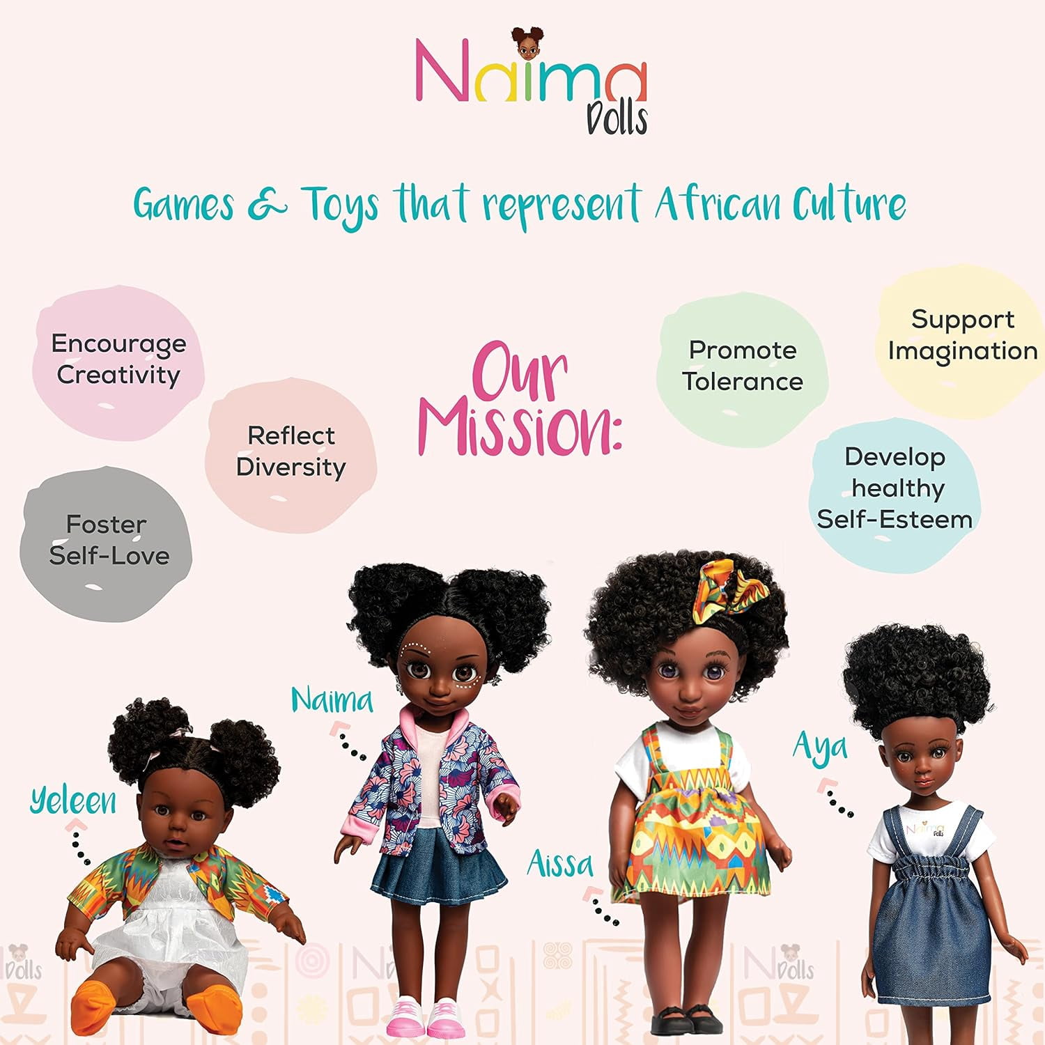 African American Barbie Doll with Realistic Natural Hair wearing African Clothing for Age 3+ by NaimaDolls
