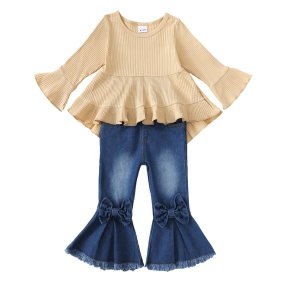 12 Months Baby Girls Clothes 18 Months Girls 2PCS Fall Winter Denim Outfits Set Toddler Girls Long Sleeve Irregular Top Denim Pants Set Apricot