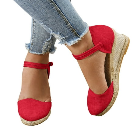 

sandals for Women Women Platform Wedge Sandals Fashion Versatile Braided Buckle Breathable Wedge Sandals Mesh Dress Sandals for Women Red