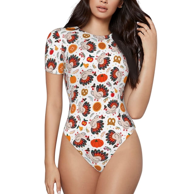 Balery Turkey And Thanksgiving2 Body de cuello redondo de manga corta para mujer Tops de manga corta Tops básicos-Large