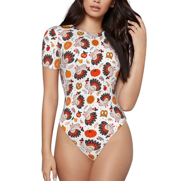 Balery Turkey And Thanksgiving2 Body de cuello redondo de manga corta para mujer Tops de manga corta Tops básicos-Large