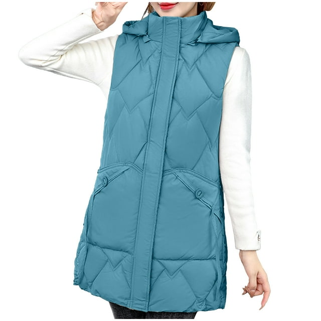 Yuyuzo Hooded Vest for Women Button Zipper Slim Winter Padded Coats with Pockets Solid Color Warm Jackets