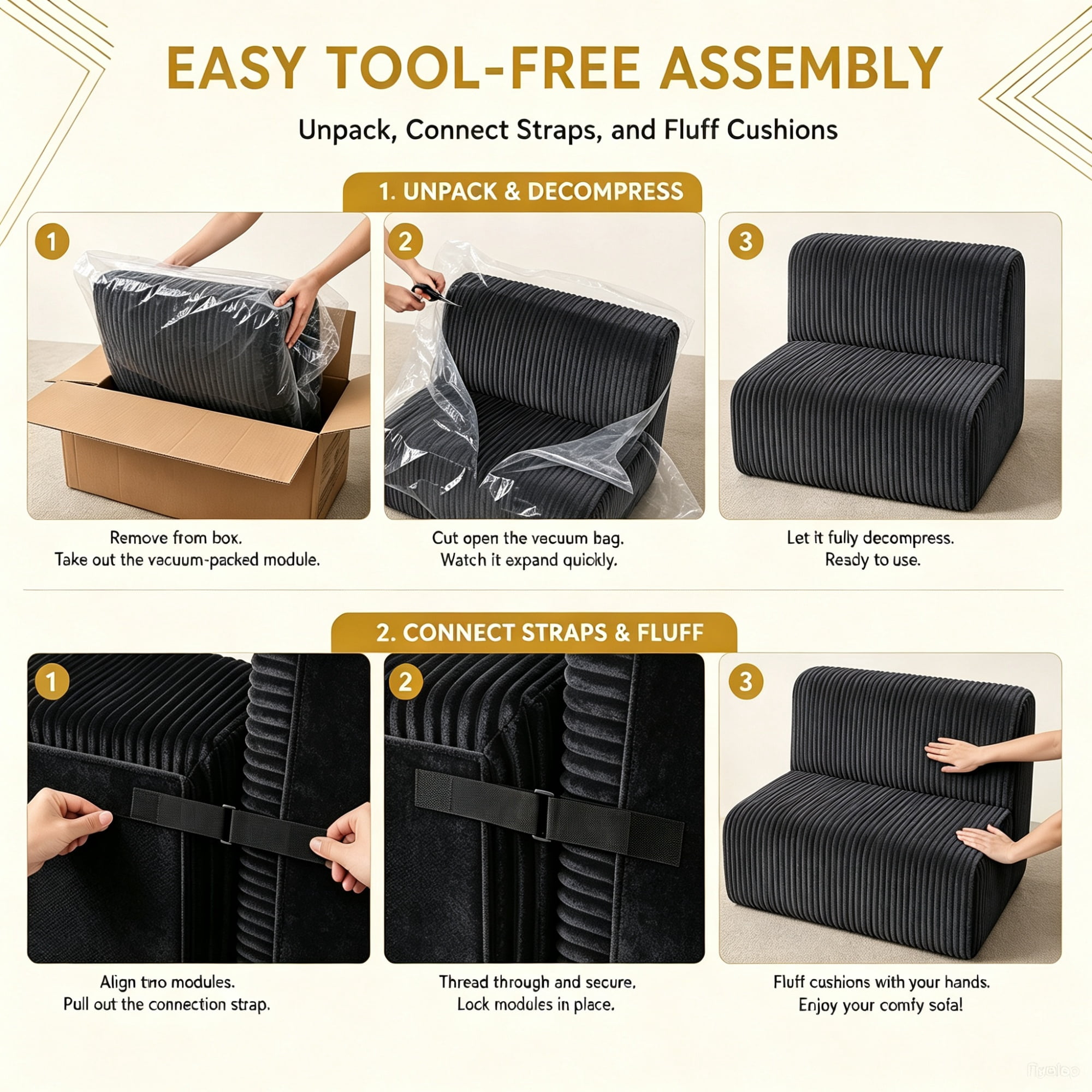 Garitin Modular Sectional Sofa 132 Inch U-Shaped, No Assembly Required Corduroy Couch with Double Chaise and Deep Seat for Living Room Apartment, Black