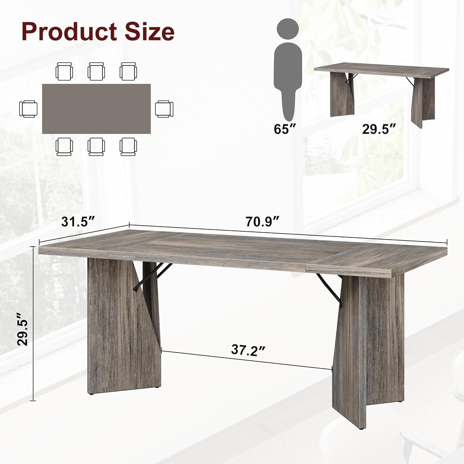 Senfot 71 Inch Rectangular Dining Table for 6 People, Long Wooden Dining Room Table,Farmhouse Tall Kitchen Table with Large Tabletop & Heavy Duty Legs for Kitchen,Dining Room & Living Room,Gray