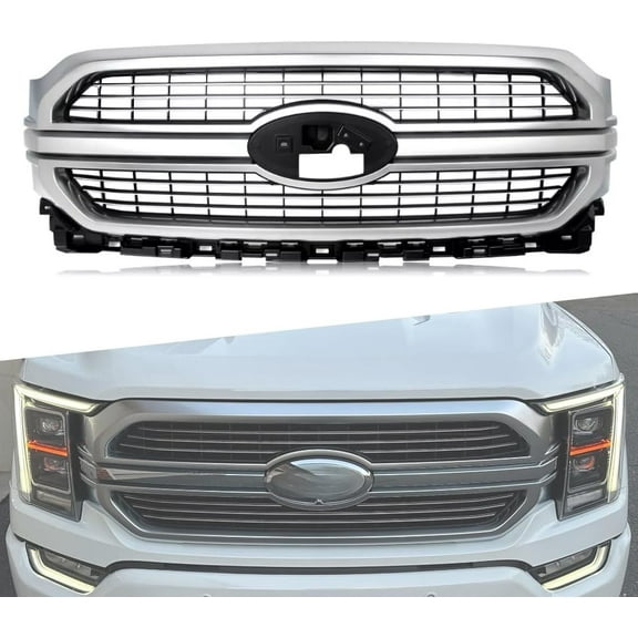 Front Grill Ingot Silver Fit For Ford F150 2021 2022 2023 Models, W/Black Insert, No Emblem