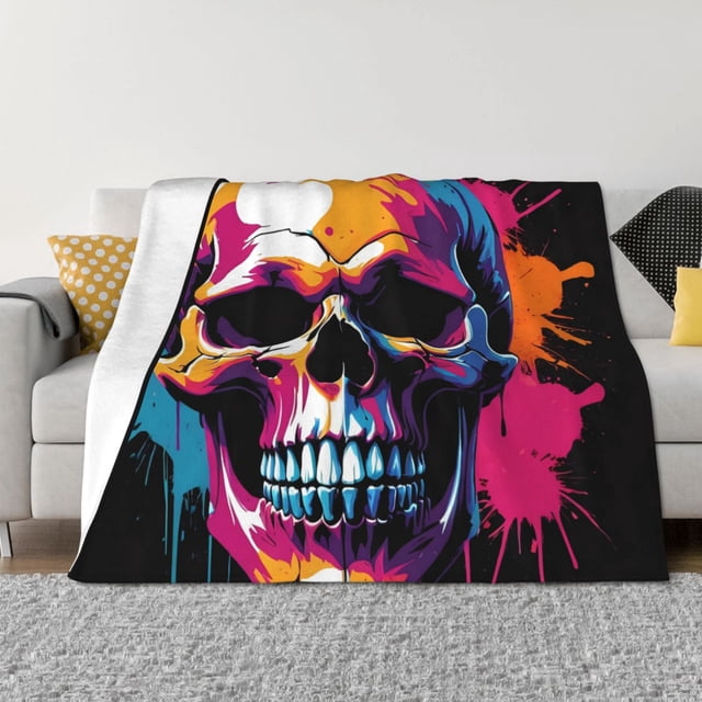 Balery Colorful Skull Manta de Franela con Dibujo, Lujo Ultra Suave y Cálido, Antipelusa y Resistente a las Arrugas para Cama, Sofá, Camping -80"x60"