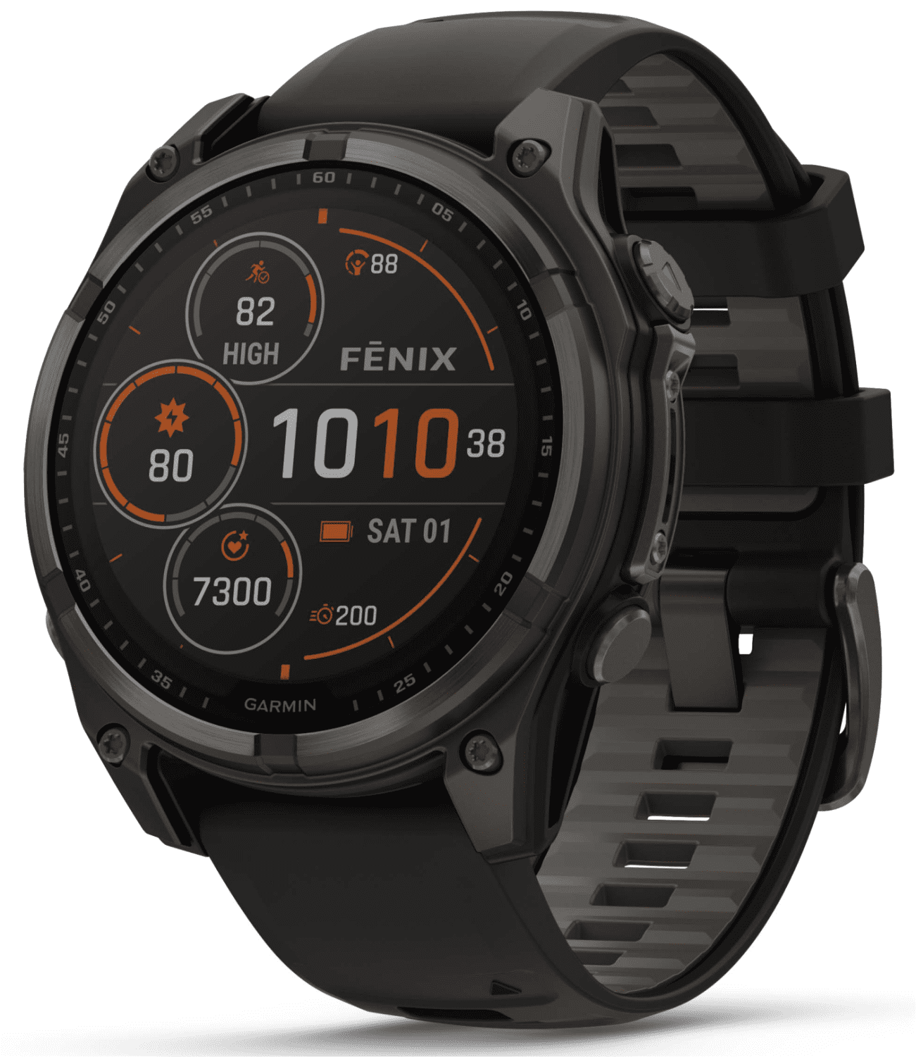 Garmin Fenix 8 47 mm Multisport GPS Smartwatch, Solar, Sapphire, Carbon Gray DLC Titanium with Black/Pebble Gray Silicone, Built-in LED Flashlight with Wearable4U White EarBuds Bundle