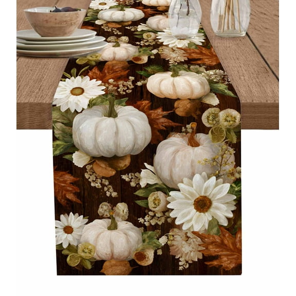 White Pumpkins Fall Table Runner 108 Inches, Thanksgiving Floral Farmhouse Botanical Bed Runner Dresser Scarves Tabletop for Indoor Outdoor Parties/Ceremony/Banquet, 13"x 108"
