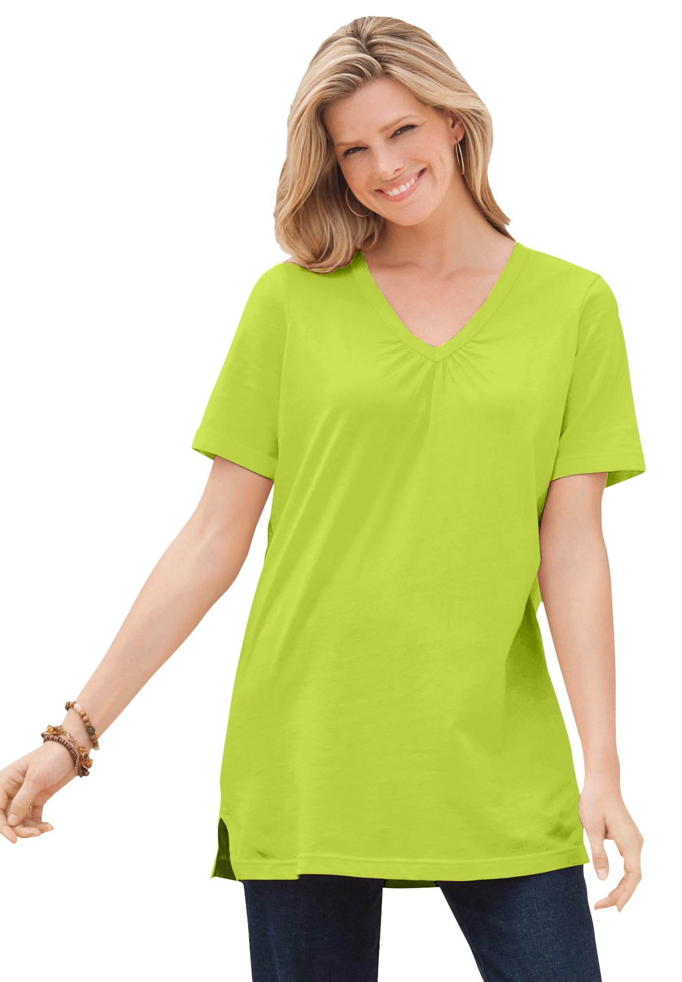 Woman Within Womens Plus Size Perfect Short Sleeve Shirred V Neck