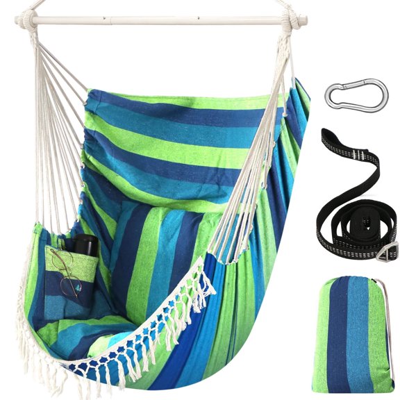 Large Macrame Hammock Chair Swing with Wooden Spreader Bar & 2 Cushions, 500 lbs Heavy-Duty Hanging Seat with Side Pocket, Anti-Slip Bohemian Style Hanging Chair for Indoor, Patio & Bedroom Decor
