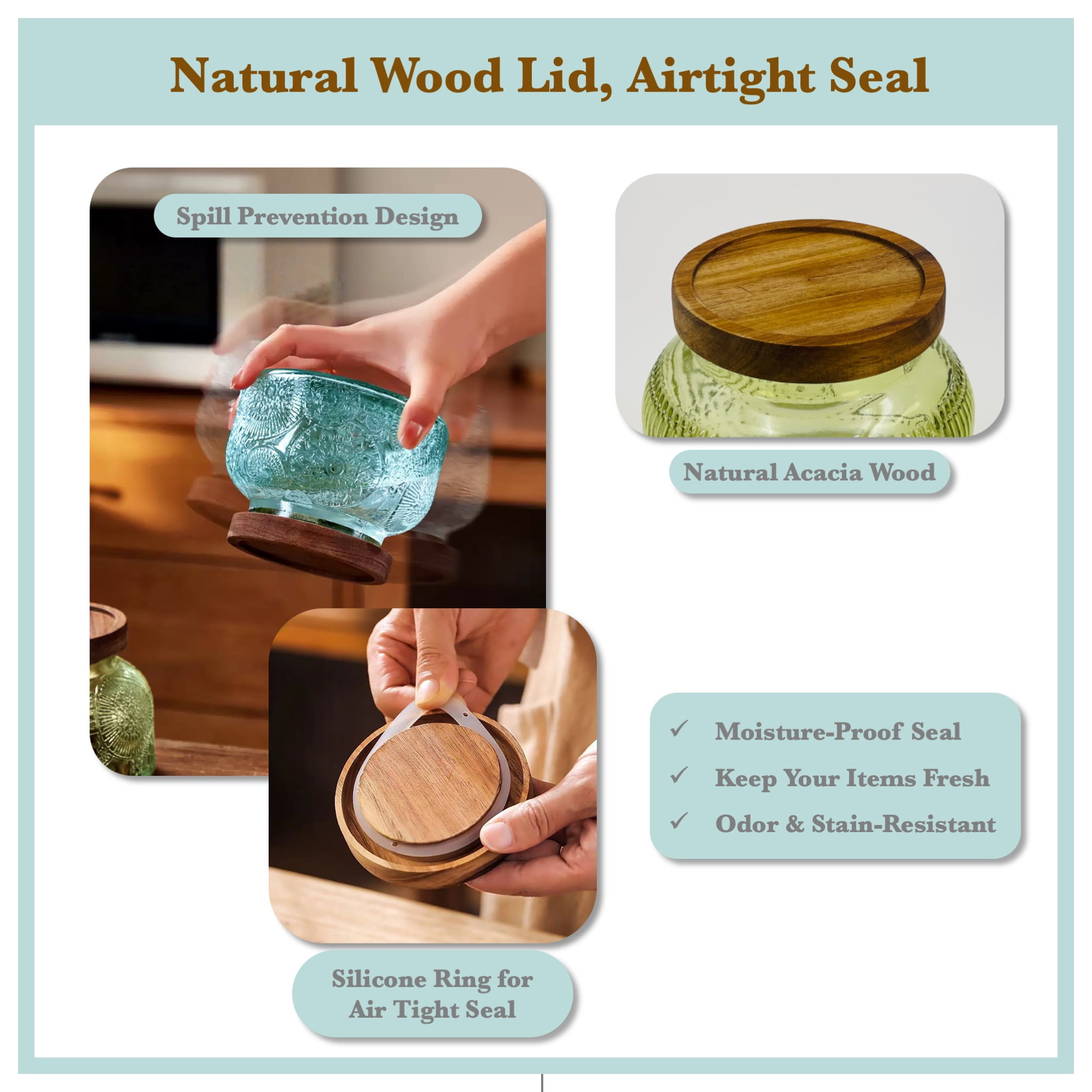 Lingshine 24.5 oz Decorative Glass Jars with Airtight Wooden Lids - Blue Ribbed, Vintage Kitchen Food Storage Containers for Cookie Candy Spice Coffee Tea, Home Decor Candle Vase