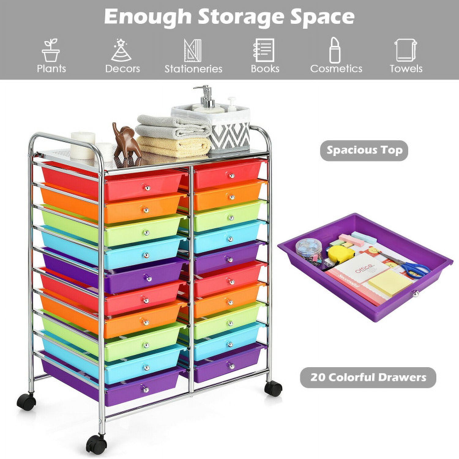 Demi Bonn 20 Drawers Storage Rolling Cart Studio Organizer with 4 Universal Casters, Multicolor