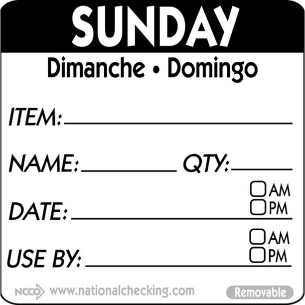 National Checking Company DateIt Square Sunday Dimanche Domingo Day of the Week Dissolvable Printed Removable Label Black | 500/Roll