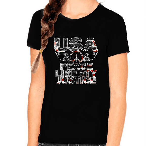 4th of July Shirts for Girls Patriotic Shirts for Girls Peace Liberty Justice Black American Flag Shirt