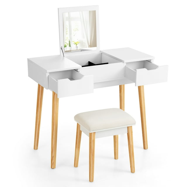 Costway Ensemble de Coiffeuse avec Miroir Rabattable Tiroirs 9 Séparateurs Bureau de Maquillage et d'Écriture Blanc