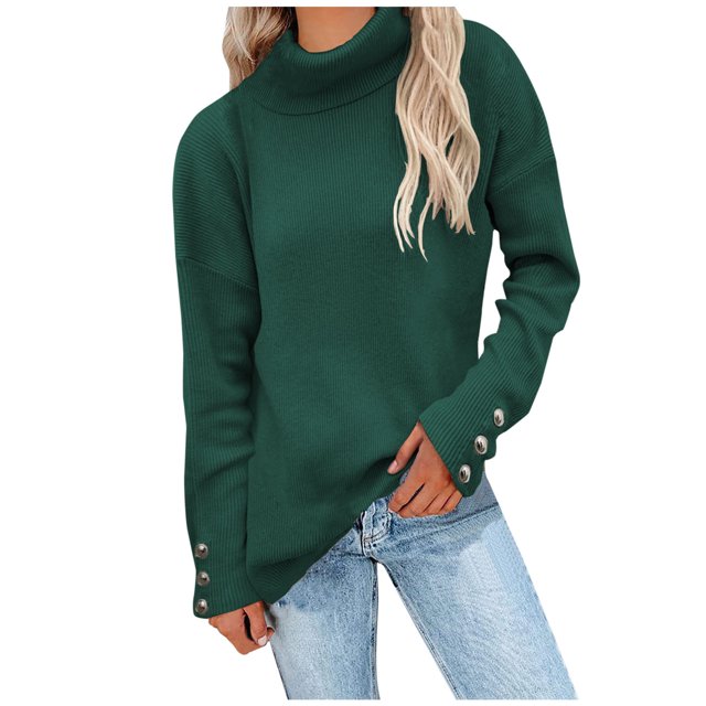 Hauts d'Automne pour Femmes Mode Pull à Manches Longues Col Roulé Décontracté S-82 Vert m