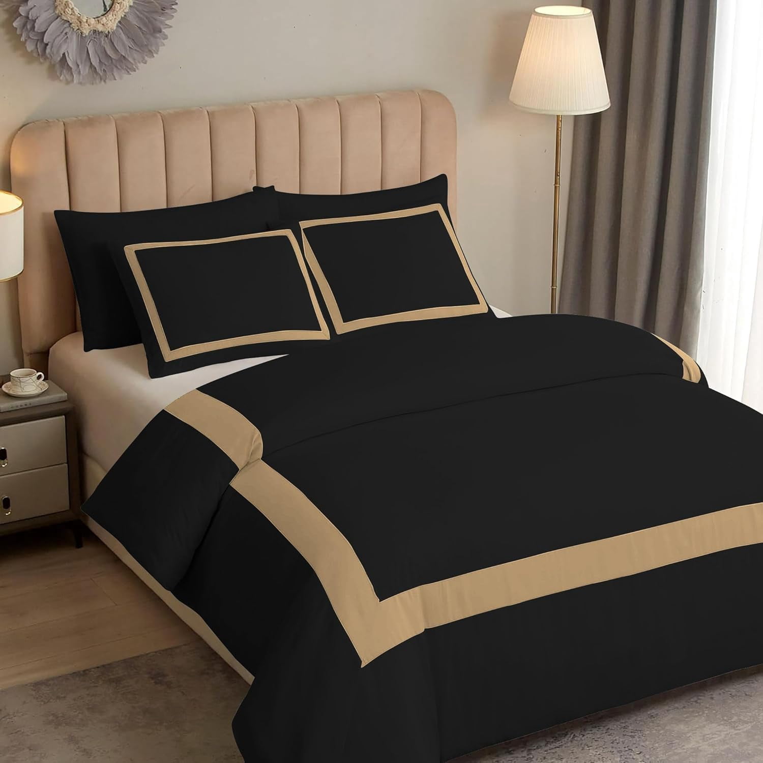DNG Creations 5 Piece Full Black And Taupe Border Line Pattern Duvet Cover - 100% Egyptian Cotton, 800 Thread Count ( California King )