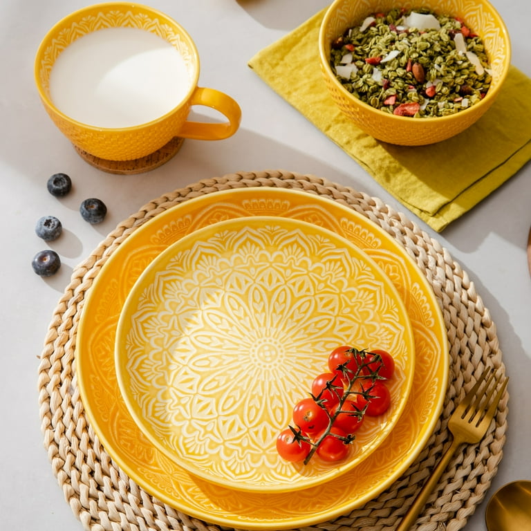 DOWAN Mandala Oriental Mosaic Dinnerware Set 4 Piece Service for 1 Solid Grains Feel Non slip Sophisticated Gift Sets for Kitchen Dinning