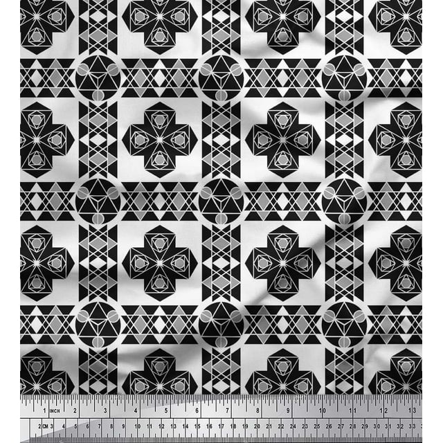 Soimoi Black Modal Satin Fabric Triangle Art Geometric Printed Craft Fabric by the Yard 42 Inch Wide