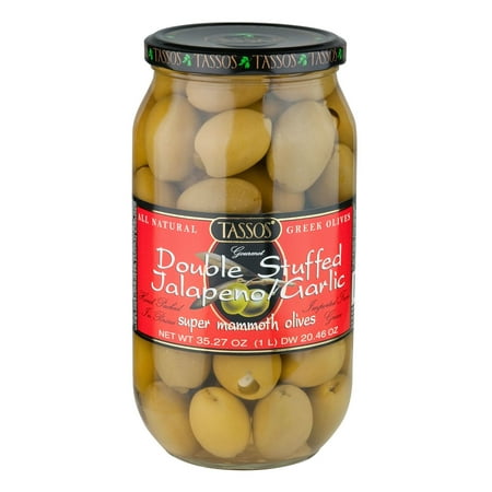 Product of Tassos Double Stuffed Jalapeno and Garlic Olives, 1L [Biz